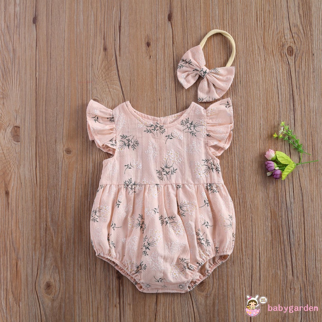Romper tay xòe cổ tròn in họa tiết hoa kèm băng đô thời trang xinh xắn cho bé gái