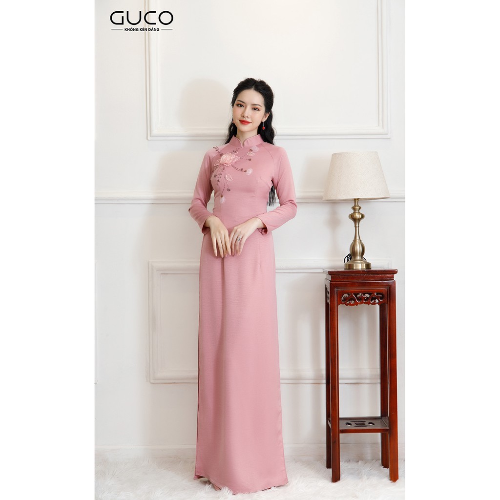 [Mã BMLTB200 giảm đến 100K đơn 499K] GUCO - Set Áo dài truyền thống nữ màu hồng hoa 3D thanh lịch AD103