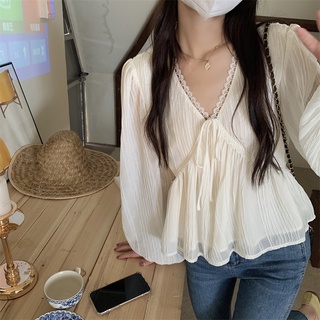 Hàng Mới Về Áo Chiffon Cổ Chữ V Xếp Ly Tay Dài Dáng Rộng Phong Cách Hàn Quốc Dành Cho Nữ Hàng Mới