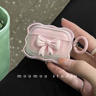 [Lilyrose Store] Miếng bảo vệ AirPods cho AirPods 4 2024 AirPods 1 2 3 Pro Pro Pro2 Nơ màu hồng trong suốt có móc hình tròn