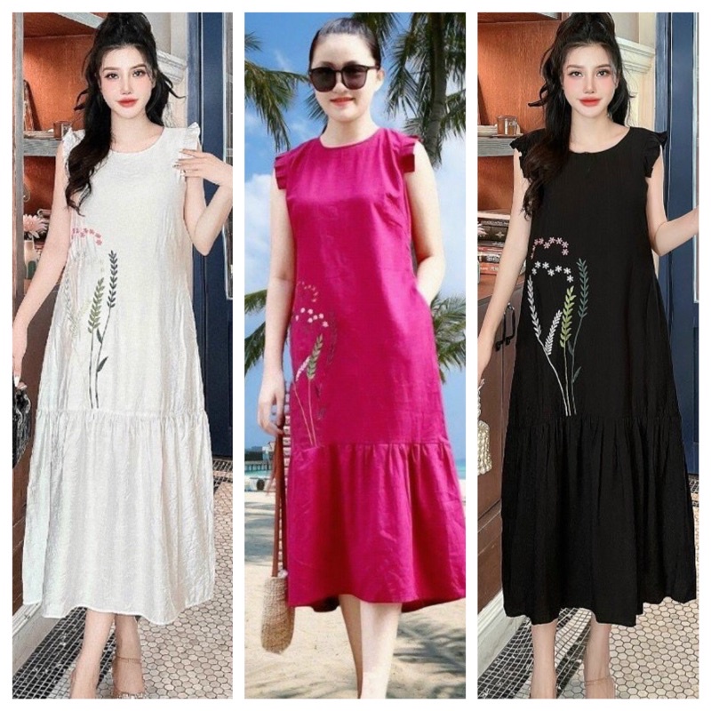 ĐẦM SUÔNG LINEN THÊU HOA | Shopee Việt Nam