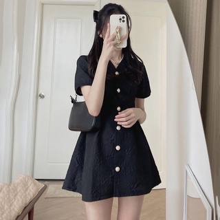 Váy xốp gấm Forgirl basic cổ V tay bồng hở lưng phối cúc ngọc phong cách Hàn quốc
