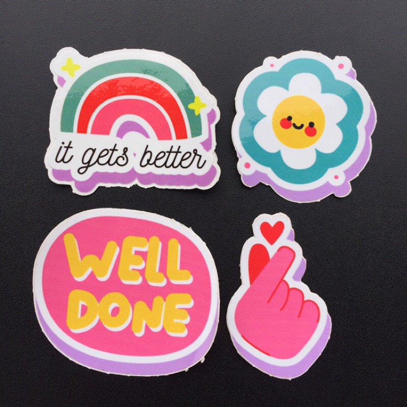 Bộ 4 hình dán dễ thương cute. Logo Sticker chống nước. Trang trí mọi nơi: tường, laptop, tủ