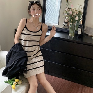 Đầm dệt kim ZHELIHANGFEI 2 dây kẻ sọc thời trang quyến rũ cho nữ