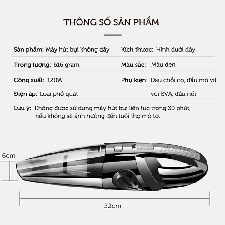 Máy hút bụi R.6053 120W lực hút 6000mpa nhỏ gọn pin sạc tiện lợi