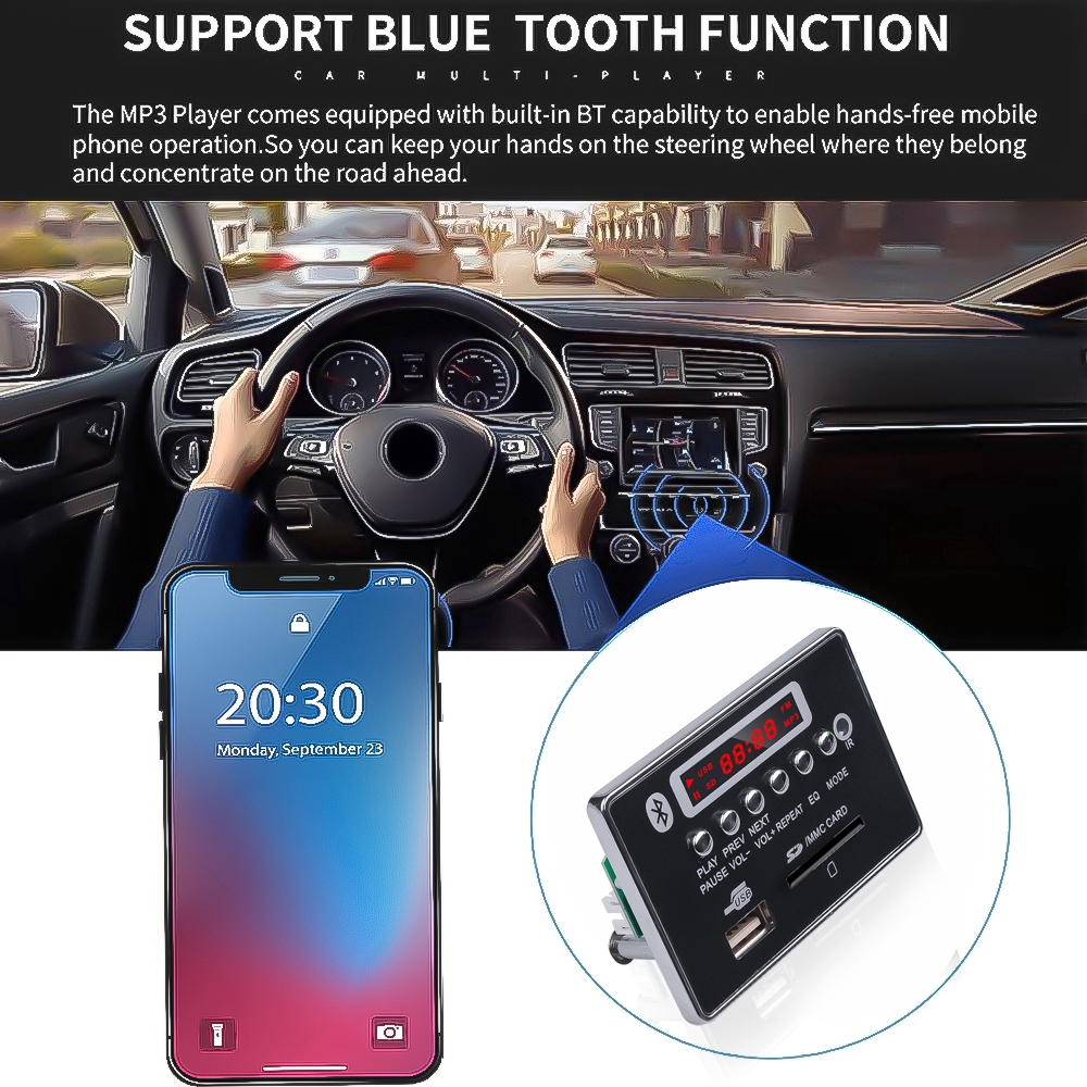 Bảng mạch giải mã âm thanh Bluetooth Mp3 5v 12v Usb Tf Fm tiện dụng dành cho xe hơi