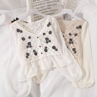 Áo Dệt Kim Nữ Tay Dài Phối Ren Phong Cách Hàn Quốc baju baju wanita Lenan panjang