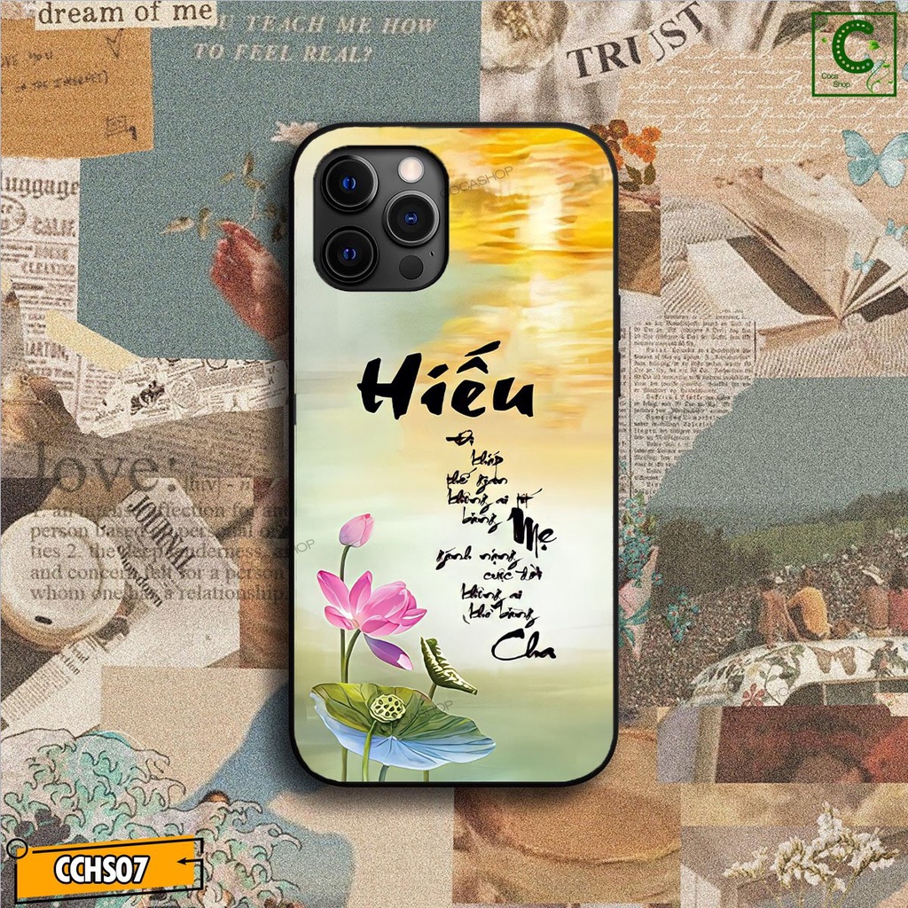 Ốp lưng iphone mặt kính in hình siêu đẹp  - Đóa sen hồng chữ Hiếu - 6/6plus/6s/6splus/7/7plus/8/8plus/x/.....