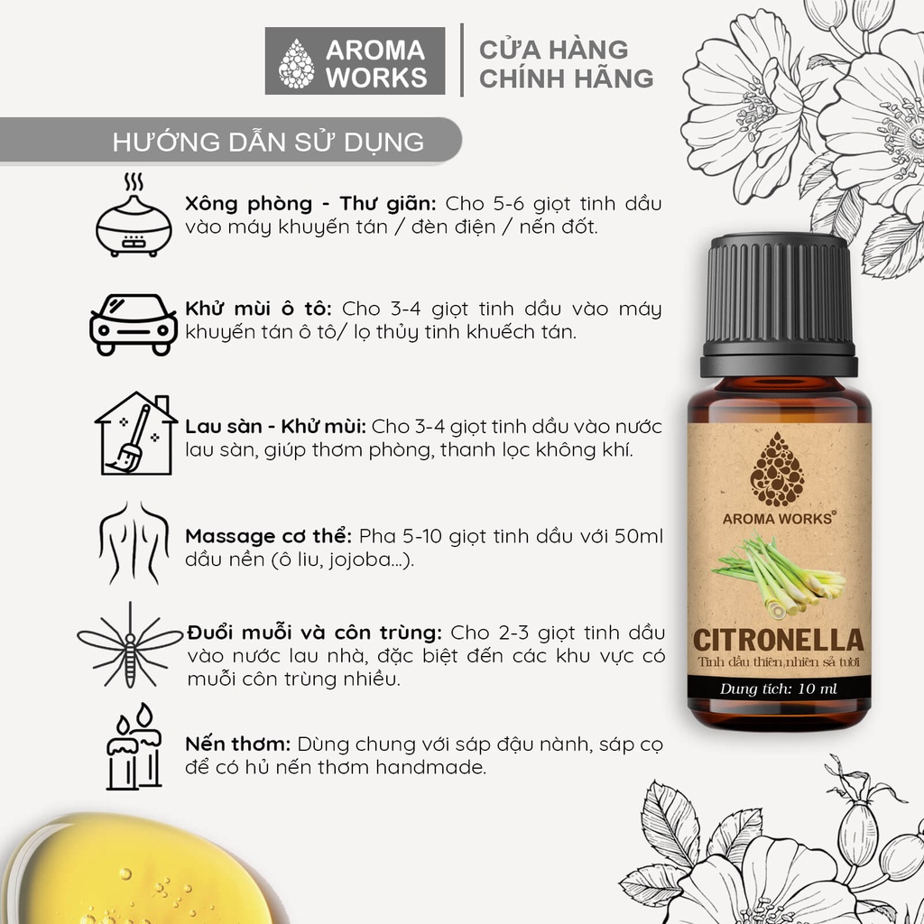 Ảnh Tinh dầu Sả tươi / Sả Java Aroma Works xông phòng, đuổi muỗi, thanh lọc không khí - Citronella 2