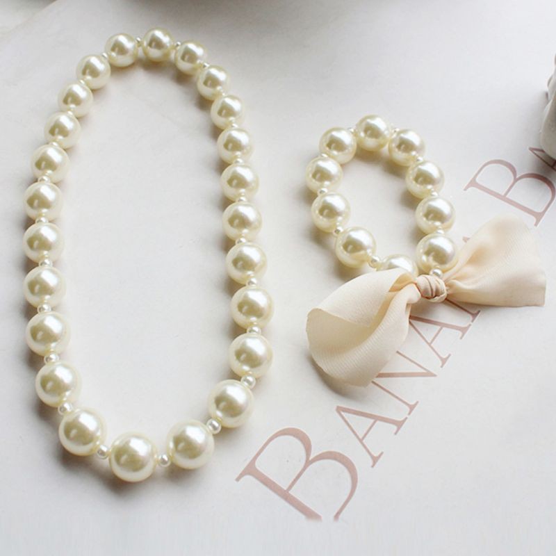 ✿Inn✿ 1 Bộ Vòng Tay Và Dây Chuyền Ngọc Trai Nhân Tạo Cho Bé Gái