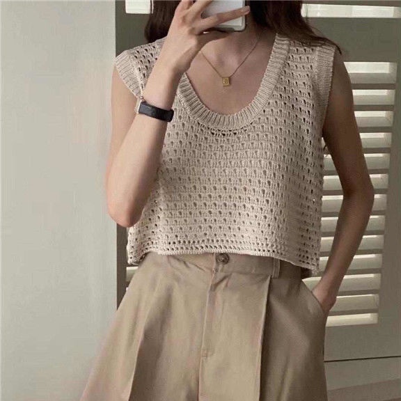 Milyfashion Rỗng Áo Vest Ngắn Mùa Hè Phong Cách Mới Mỏng Rỗng Đan Không Tay Vải Mỏng