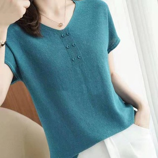 Áo thun dệt kim cổ chữ V Ice Silk Phiên bản Hàn Quốc dáng rộng mỏng hơn trông Size lớn béo MM Nữ màu trơn Nút dệt kim ngắn