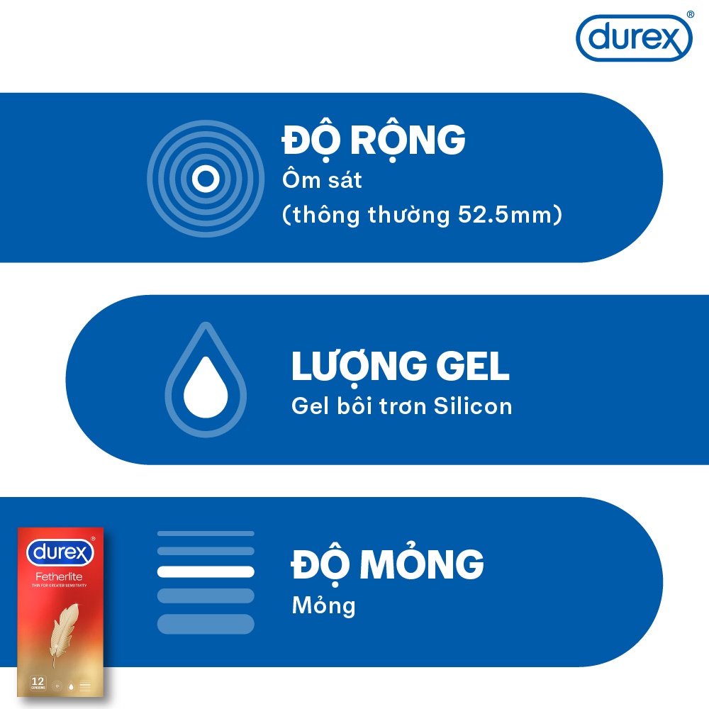 Ảnh Bao cao su Durex Fetherlite siêu mỏng, size 52.5mm, 12 bao/hộp 3