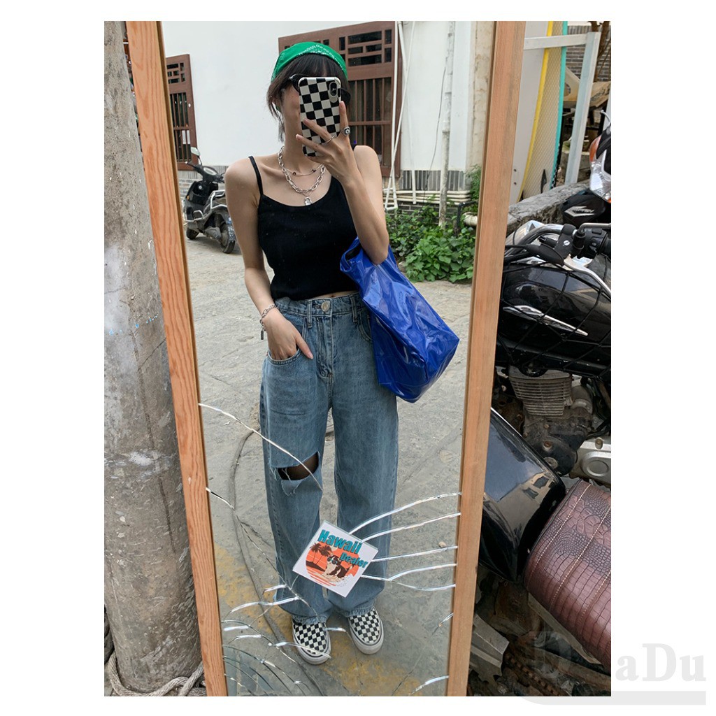 Ảnh Quần Jeans Dài Phối Vết Rách Cá Tính Thời Trang Nữ 2
