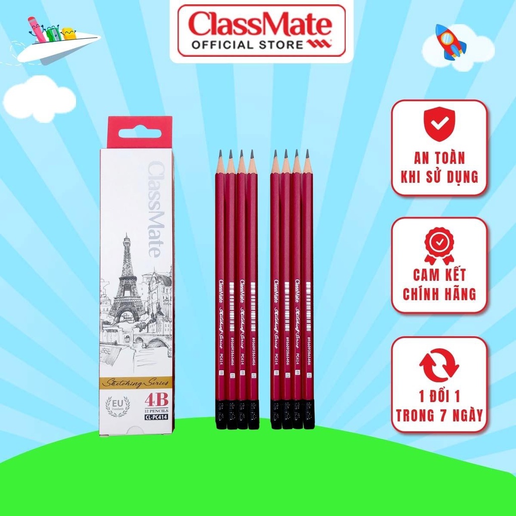 Hộp 12 Bút Chì Gỗ Có Tẩy 4B CLASSMATE Nét Bút Mịn Chì Mềm Êm Tay, Dùng Cho Bé Tập Viết CL-PC414