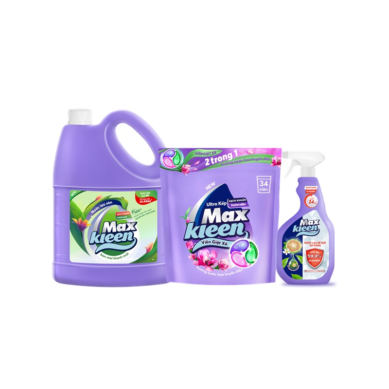 Ảnh Combo MaxKleen: Chai Lau Sàn 3.6kg Ban Mai Thanh Mát + Túi Viên Giặt Xả + Nước Lau Bề Mặt Đa Năng 1