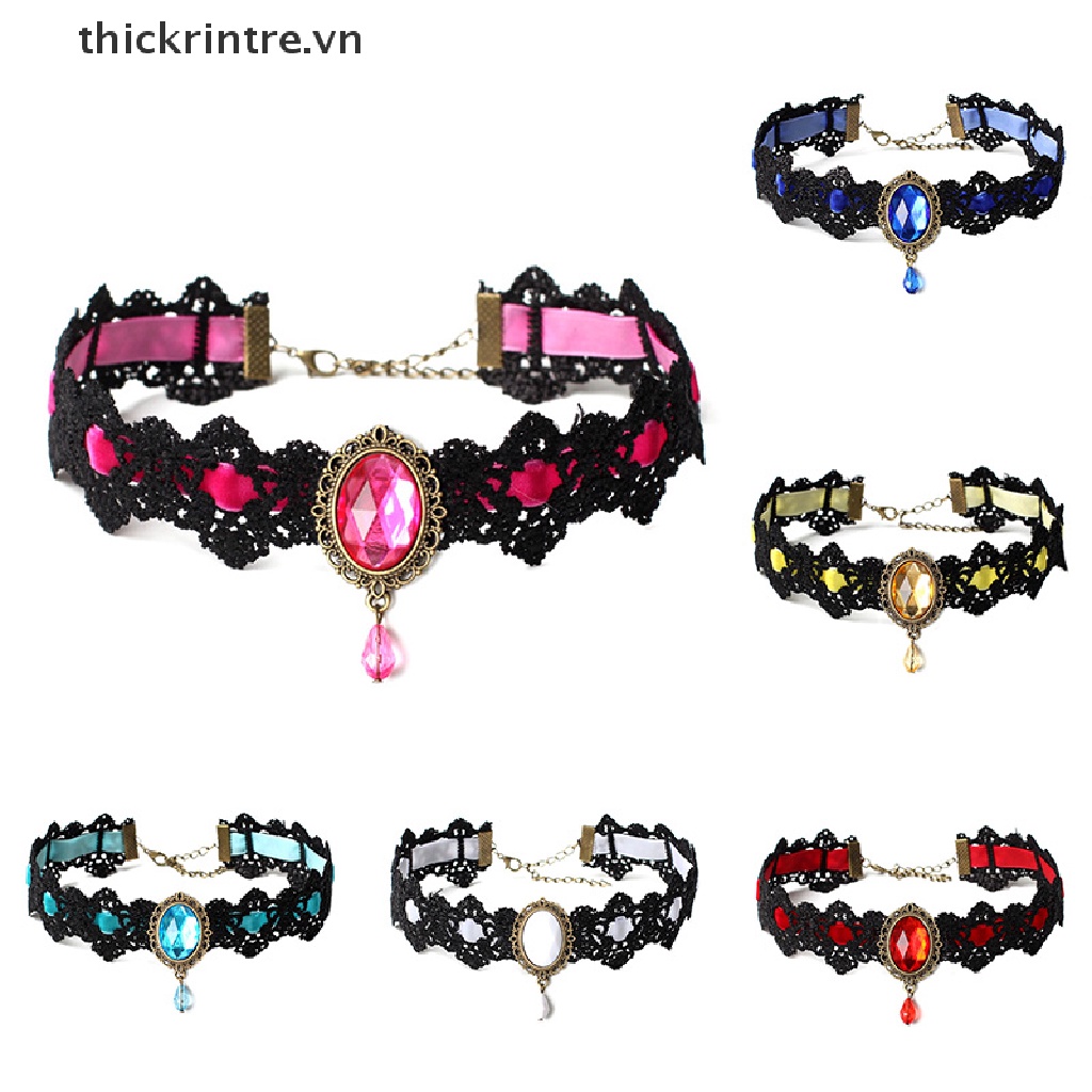 Vòng Cổ Choker Dây Nhung Đen Đính Đá Pha Lê Phong Cách Gothic Cổ Điển