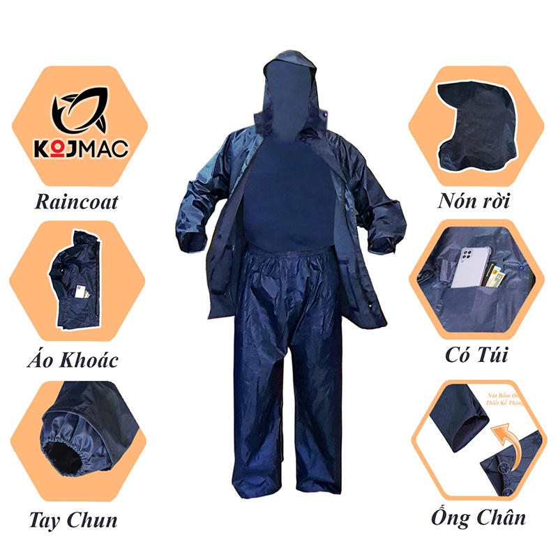 Bộ Quần Áo Mưa Cao Cấp KOJMAC Raincoat 1 Người Lớn ( Sỉ Có Túi Dây Khóa Kéo  Vải Dù Dày Đi Xe Nam Nữ, aomua Có Túi )