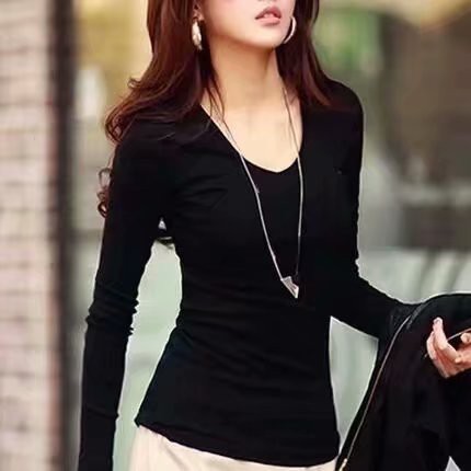 Ảnh Áo Thun Nữ Dài Tay Cổ Chữ V Màu Trơn Thời Trang 2