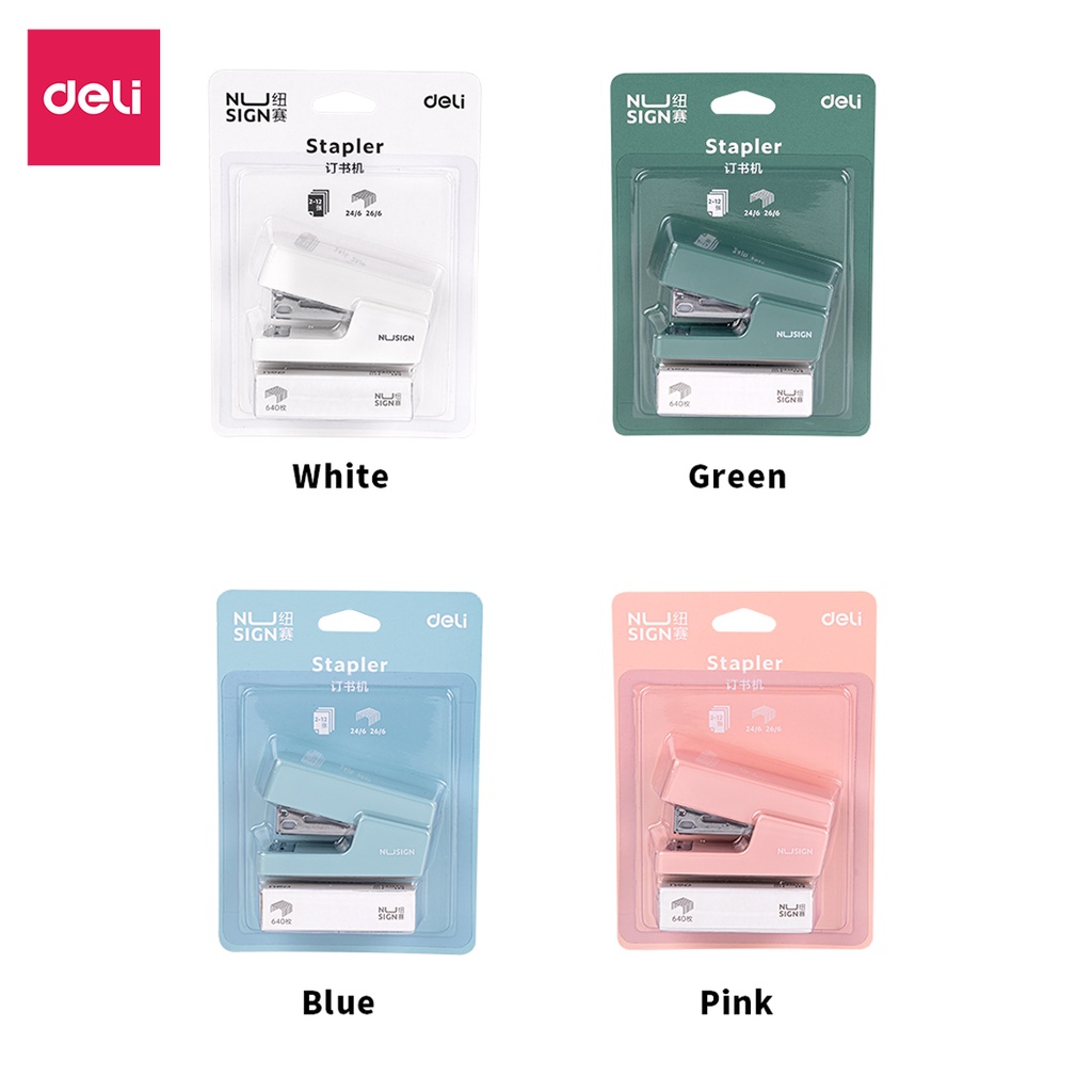 Dập Ghim Học Sinh Văn Phòng Mini Deli 12 Trang Tiện Lợi Màu Pastel Tươi Sáng Sử Dụng Ghim 24/6 & 26/6 - Tặng 1 Hộp Ghim