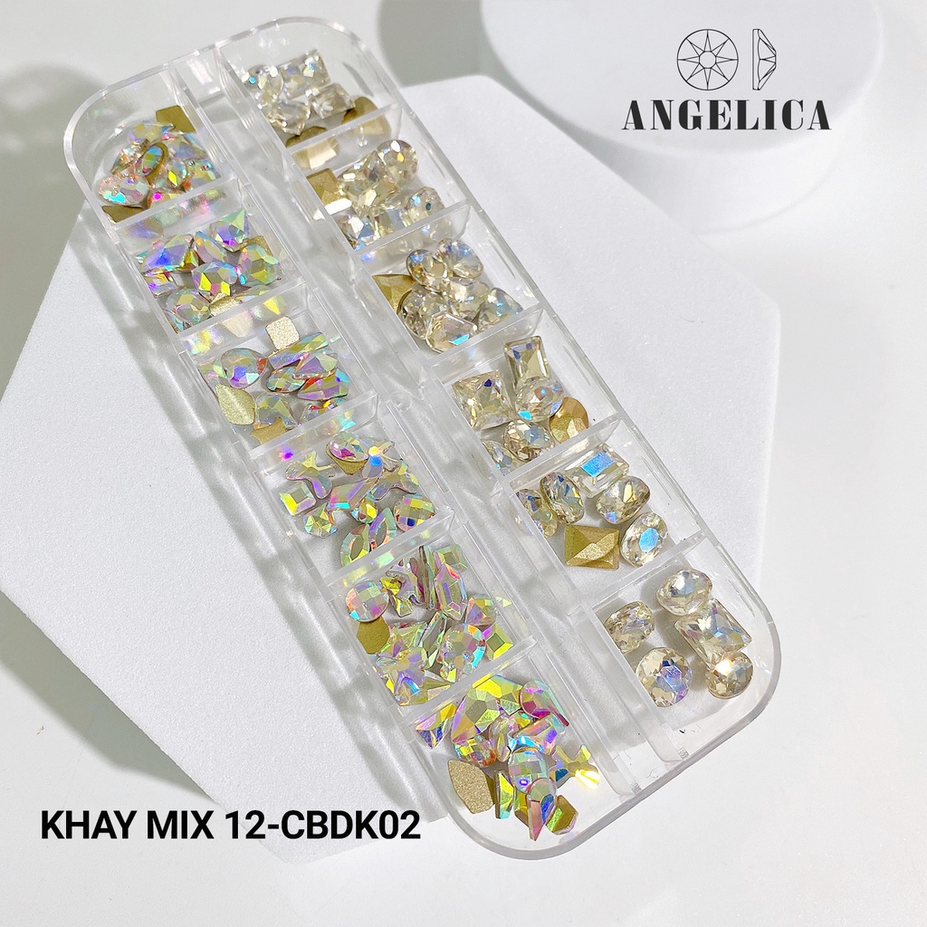 Khay 105v đá khổi mix đá chân bằng đính nail 7 màu trang trí móng ANGELICA M12-CBDK