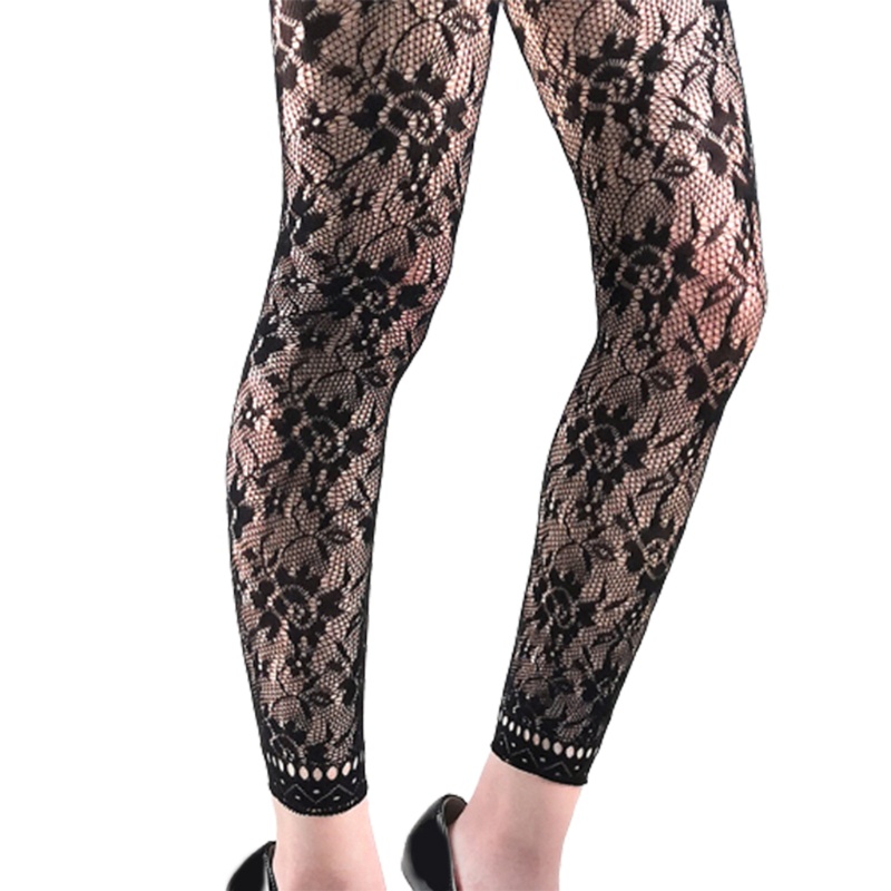 Vua Nữ Eo Fishnet Footless Legging Hoa Jacquard Họa Tiết Lưới Quần Đen Mắt Cá Chân Quần Vớ