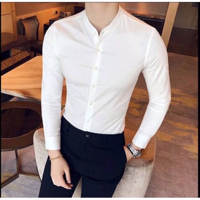 Ảnh Áo sơ mi nam Gấu 194 cổ trụ - tàu tay dài vải coton lụa mềm co dãn, ít nhăn - form slimfit sang trọng cao cấp 3