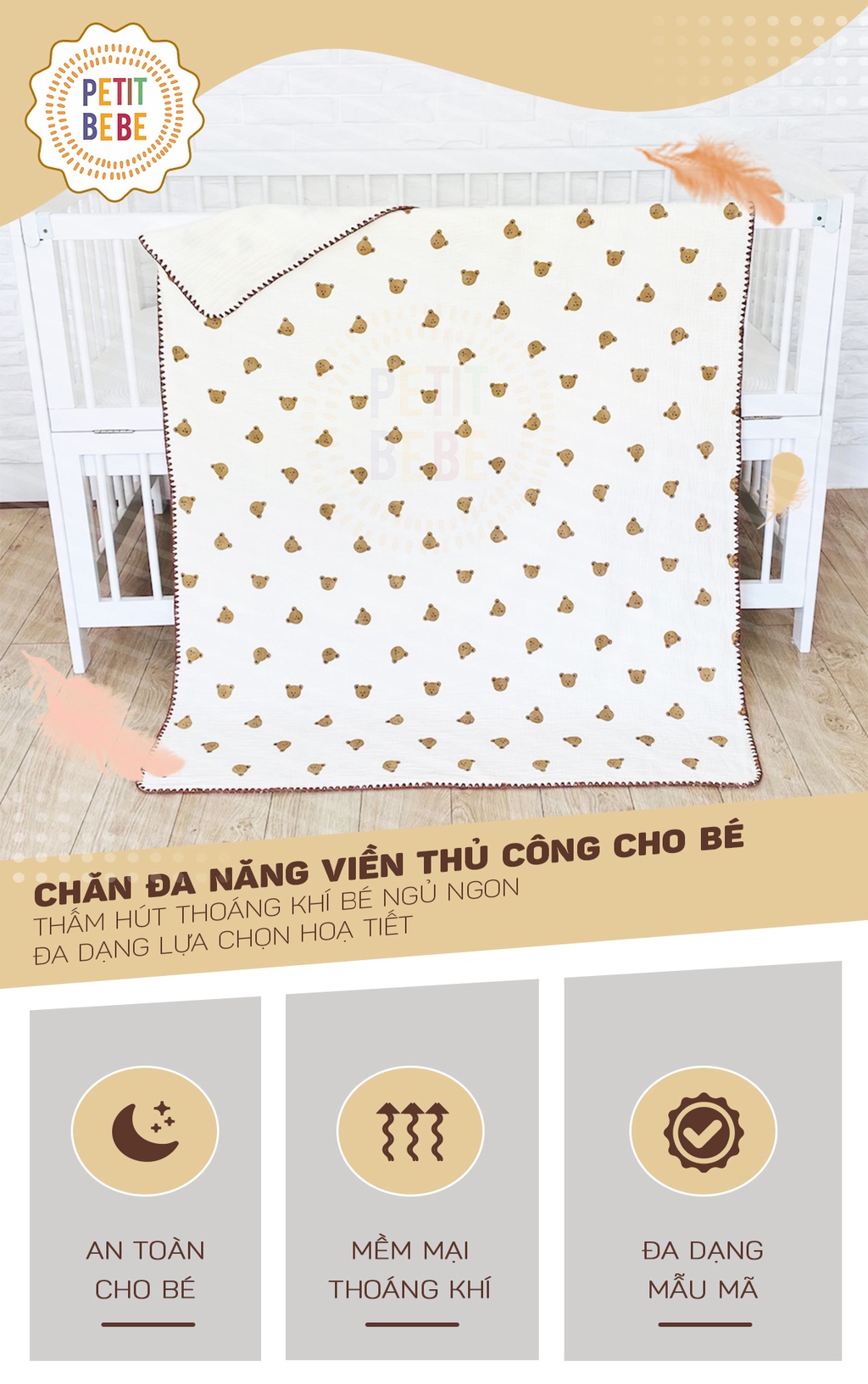 Mô tả Chăn Muslin 4 Lớp Cho Bé 100x120cm PETIT BEBE Mềm Mại, Thoáng Khí, Thấm Hút - 1