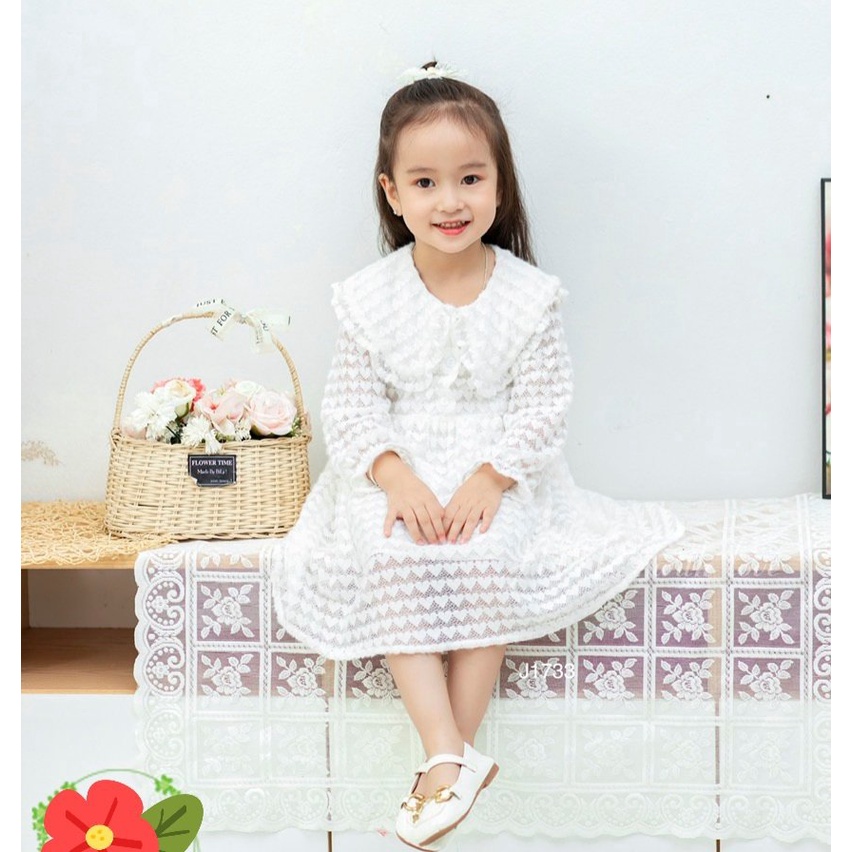 Váy Đầm Trắng dài tay Cao Cấp Cho Bé Gái Dự Tiệc Thôi Nôi Cưới Quà Sinh Nhật 1-10Tuổi Ren Trắng Vân Tim Siêu Mềm Lót Lụa