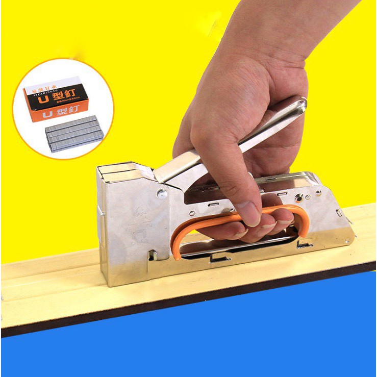 Máy bấm ghim cầm tay, Súng bắn ghim cầm tay tặng kèm hộp ghim KHÔNG cần điện, Ghim vào gỗ, khung tranh, tường