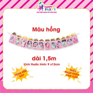 Dây treo ảnh 12 tráng, dây hình 12 tháng trang trí sinh nhật, trang trí thôi nôi HAPPY PARTY cao cấp ánh kim kt 11x21cm