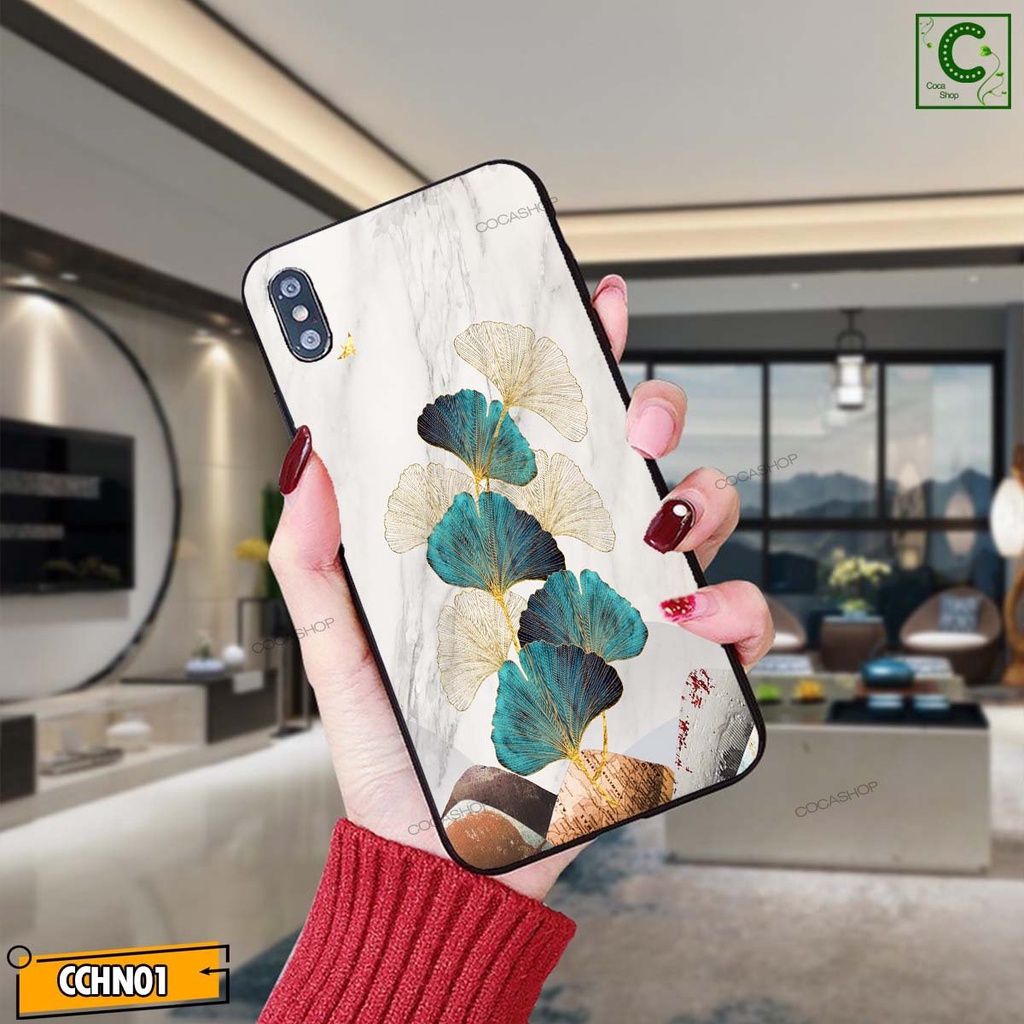 Ốp lưng iphone mặt kính cao cấp  - Lá cây xanh trắng phác họa  - 6/6plus/6s/6splus/7/7plus/8/8plus/x/.....