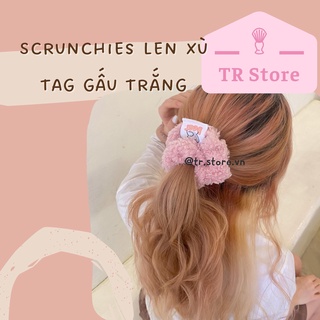 Scrunchies len xù tag gấu trắng