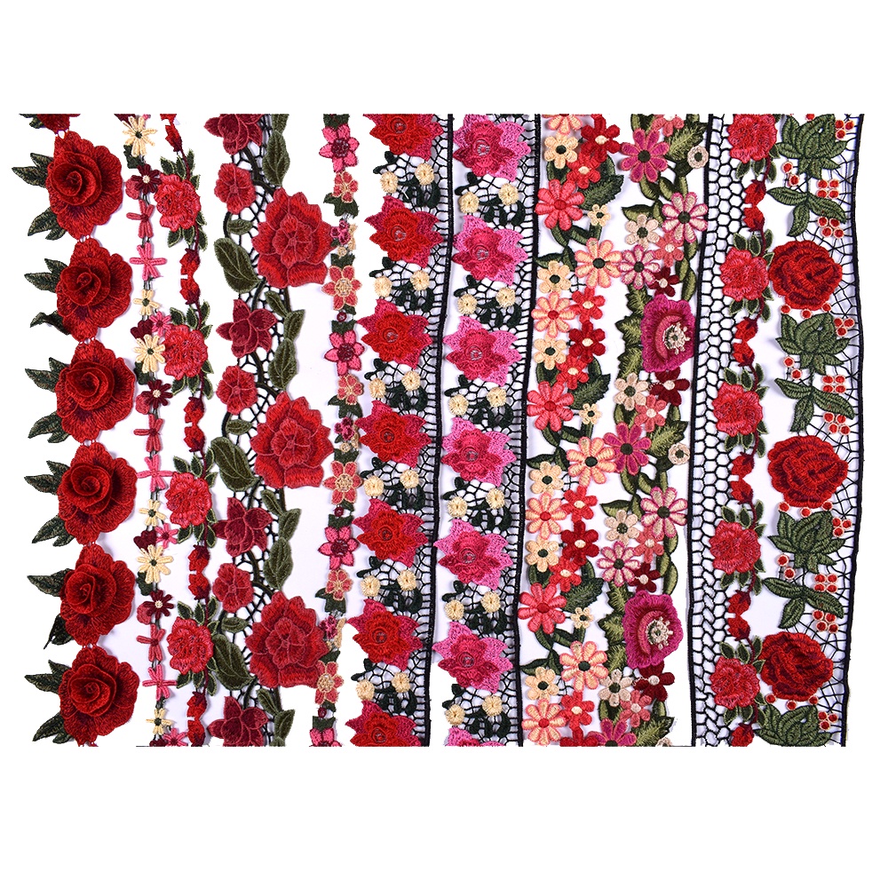 1yard Vải Thêu Hoa Hồng Đỏ Viền Ren Dùng May Váy Cưới Thủ Công