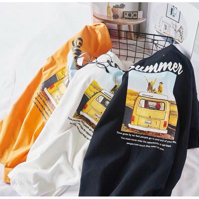 Áo thun unisex nữ tay lỡ dáng rộng vải cotton freesize màu trắng vàng đen - summer