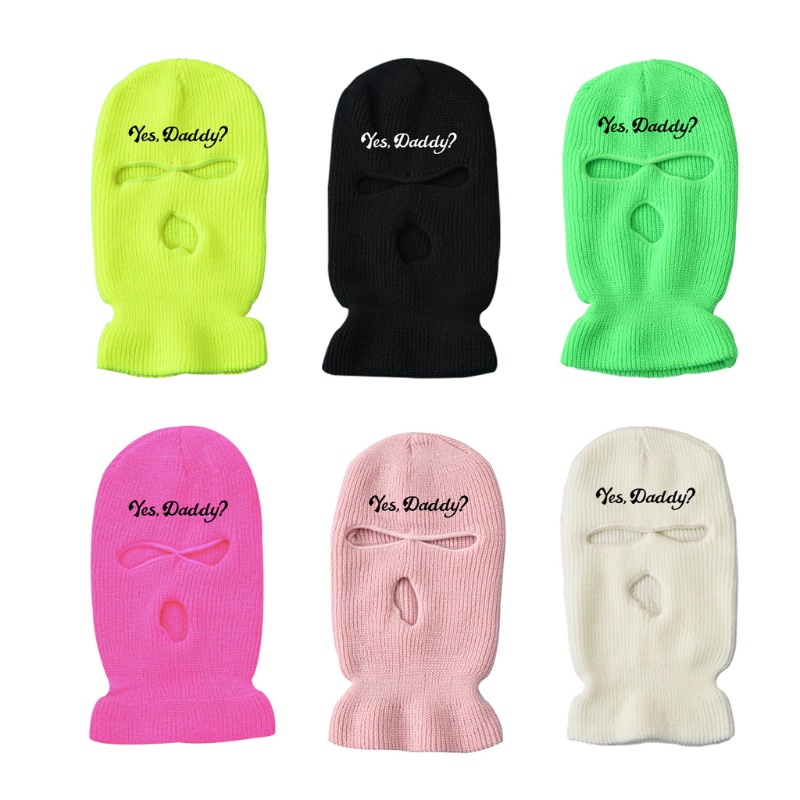 Mũ Len Beanie Mặt Nạ Thêu Chữ yes daddy 3 Lỗ
