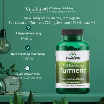Viên Uống Hỗ Trợ Dạ Dày, Làm Đẹp Da Full Spectrum Turmeric 720mg 100 viên Swanson của Mỹ