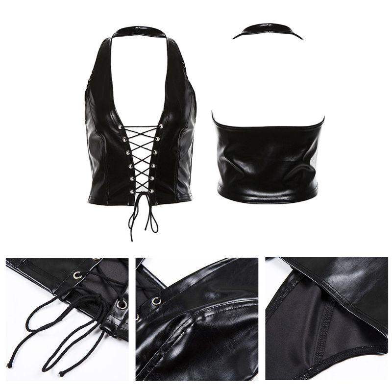 Coo Nữ Punk Không Tay Crop Top Dây Lưng Giả Da Ren Rỗng Áo
