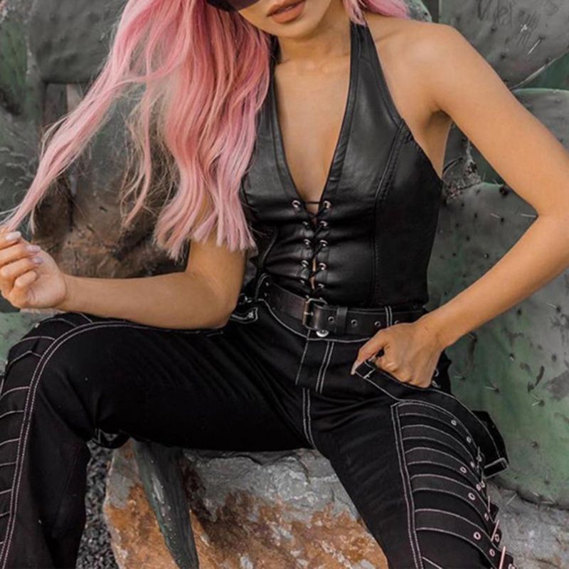 Vic Nữ Punk Không Tay Crop Top Dây Cổ Chữ V Lưng Rỗng Vest Sáng Bóng Giả Da Crisscross Ren-Up Một Phần