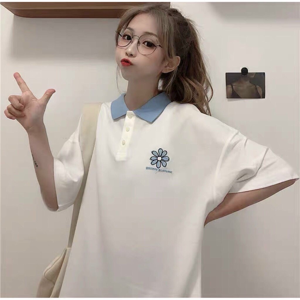 Áo polo nữ tay lỡ dáng rộng màu trắng xanh - polo hoa