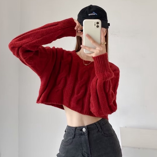 Áo Len Lửng Tay Dài Cổ Tròn Màu Sắc Đơn Giản Dành Cho Nữ