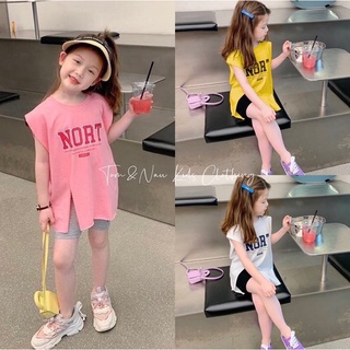 S128-[tomnaukids] Set áo thun xẻ tà NORT quần leggin bé gái vải cotton xịn mịn - Size 9-40Kg