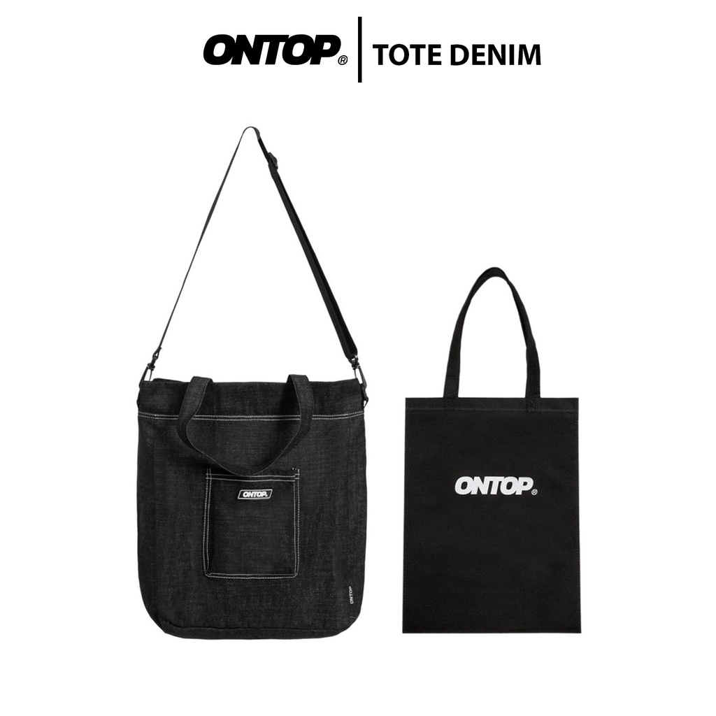(Quà tặng mua kèm) Túi tote đeo vai màu đen local brand ONTOP - 2 chất liệu