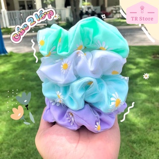 Scrunchies hoa cúc hai lớp dày dặn, dây buột tóc, cột tóc hình cúc trắng