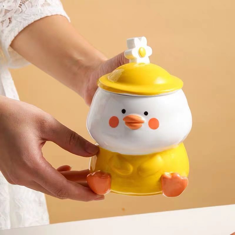 Mùa Xuân Vịt Đi Chơi Cốc Gốm Có Giá Trị Cao Cốc Cá Tính Có Nắp Thìa Cô Gái Học Sinh Dễ Thương Cách Nhiệt Cốc Uống