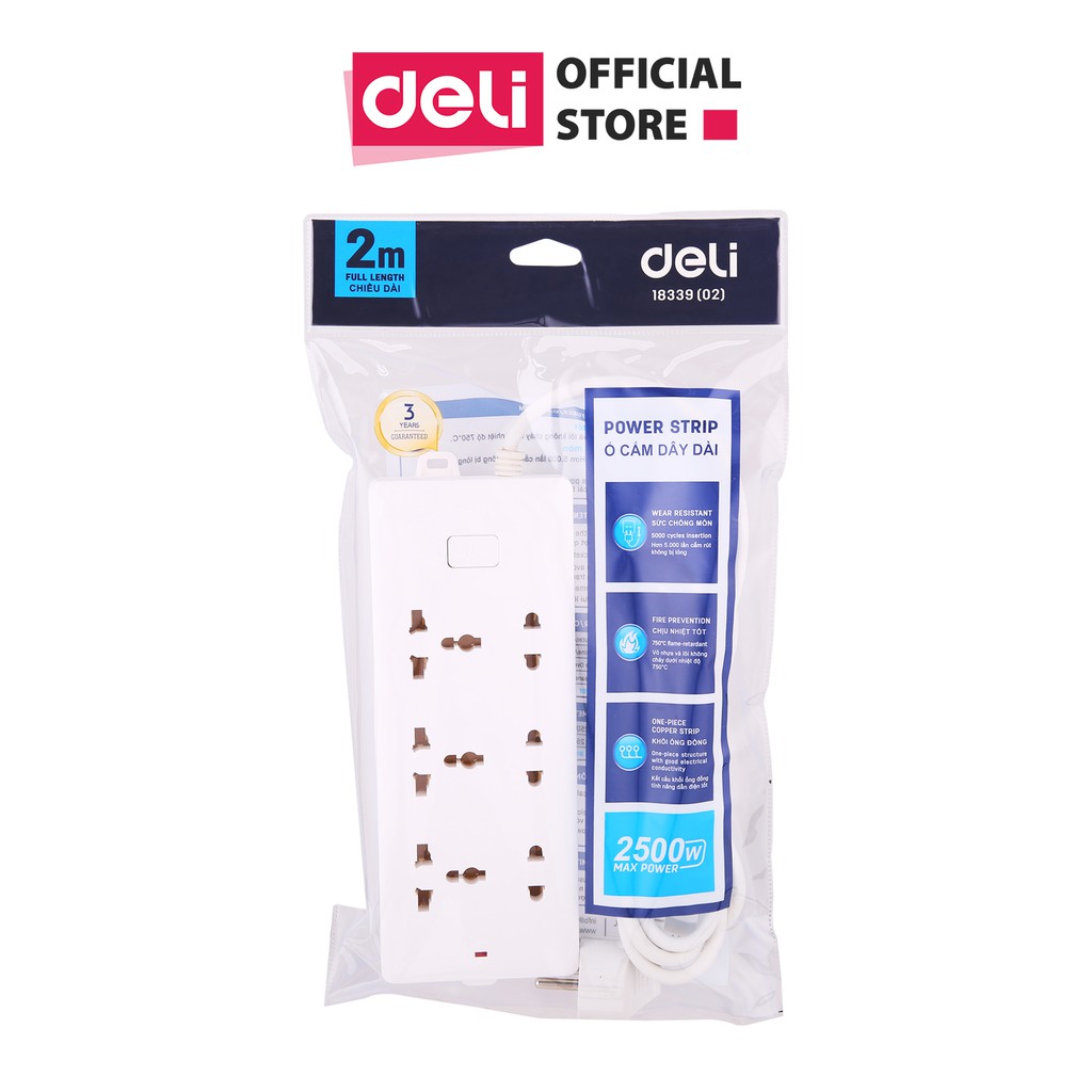 Ổ cắm điện đa năng chống giật, chống cháy DELI - 6 cổng-2,3 chấu, có công tắc - 2m/3m/5m - E18339-02/E18339-03/E18339-05