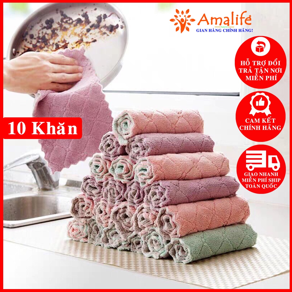 Ảnh Combo 10 Khăn Lau Bát Đĩa Nhà Bếp Đa Năng 24*15cm, Lau Cốc Chén Bàn Ghế Thấm Nước Chống Dính Dầu Mỡ Chính Hãng Amalife 1