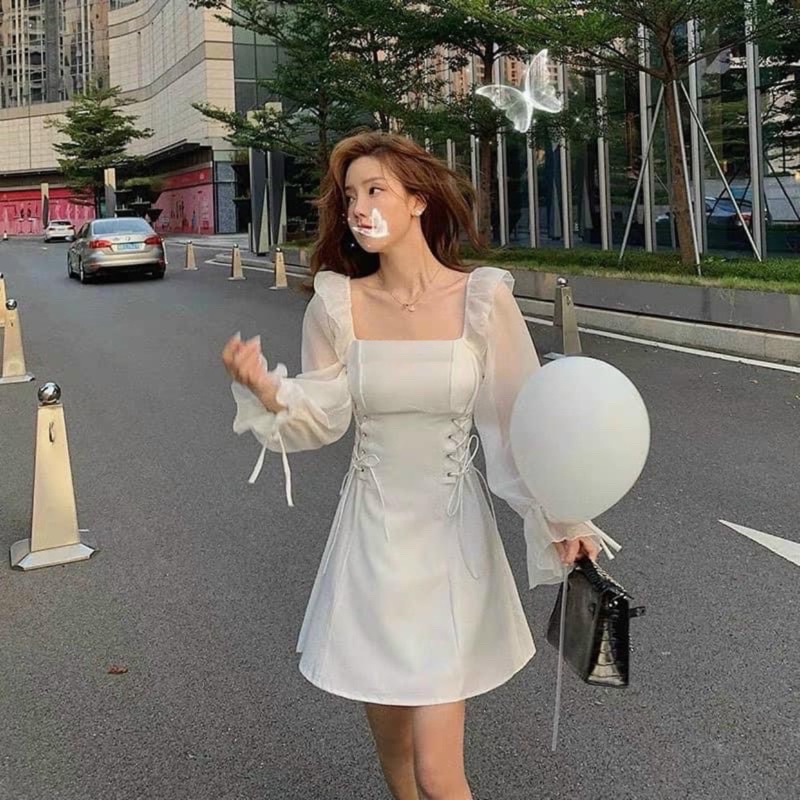 Đầm cổ vuông dài tay đan eo SARA DRESS | Shopee Việt Nam