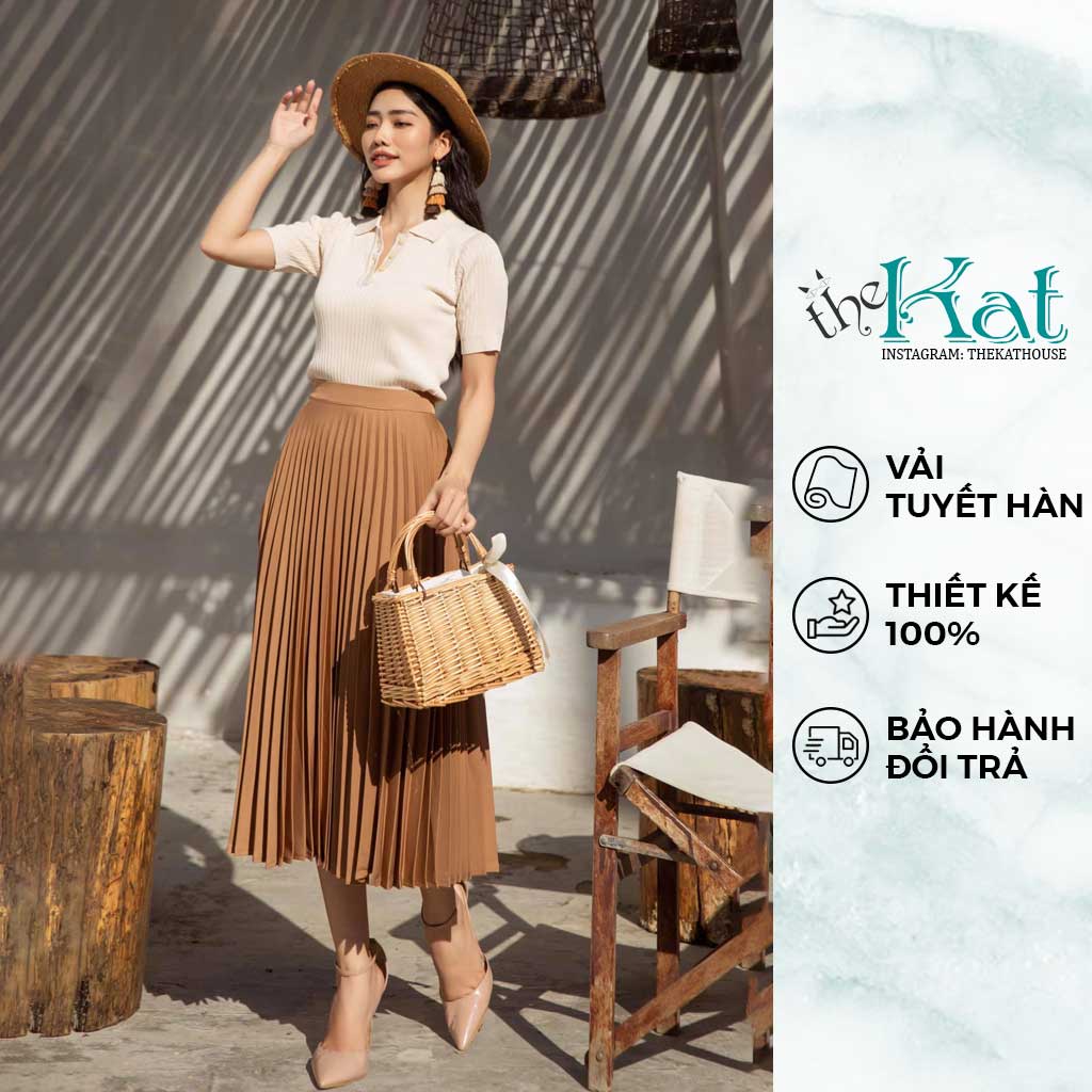 Chân Váy Xếp Ly tròn, màu nâu, dáng dài The Kat House, vải Tuyết Hàn đủ size, ít nhăn