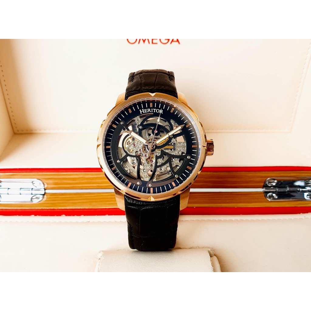 ng h nam d y da Heritor Automatic Ryder Skeleton Dial Black HRT